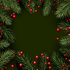 Festive Christmas border featuring pine branches and red berries on a dark green background. Perfect for holiday cards and designs.