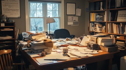 A messy home office desk with stacks of papers, a lamp, a chair, and a bookshelf in the background.