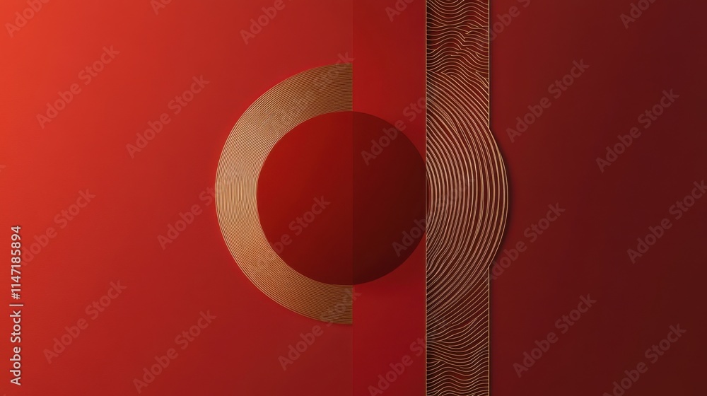 Poster abstract red and gold geometric design: minimalist art with circular and linear elements