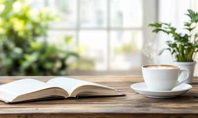 Open book and coffee cup on a wooden table, with a blurred view of plants and a window behind it.