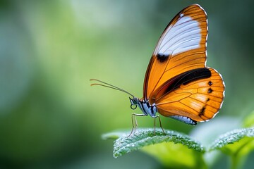 Orange butterfly on a green leaf.