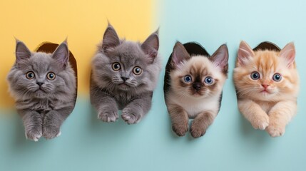 Four adorable kittens peeking through holes in pastel background. (1)