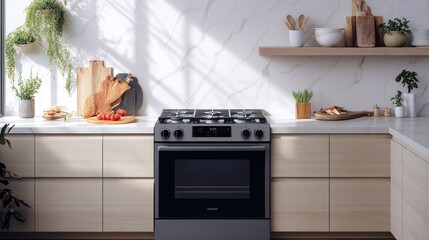 Modern kitchen with a stainless steel gas stove and oven, wood shelves, plants, and sunlight streaming in the window.