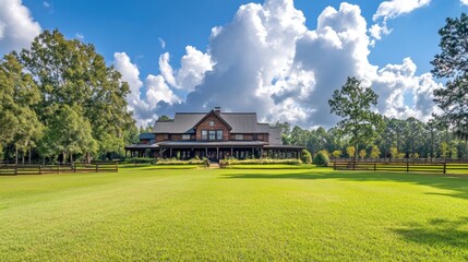 Obraz premium Expansive lawn, grand wooden house, sunny day.