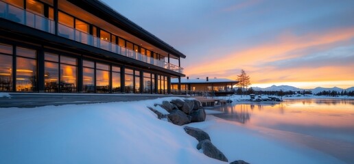 Modern Lakeside Lodge at Sunset in Winter.