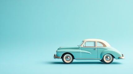 Light blue vintage car on pastel background.
