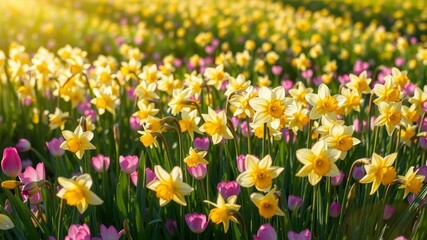 Vibrant daffodil flowers blooming in a sunlit field on a spring day, natural, petals, bloom