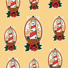 old school, colorful lighthouse illustration pattern