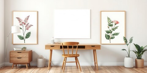 Natural home office with wooden desk and chair, adorned with multiple framed posters featuring nature scenes and botanical prints, prints, posters, desk