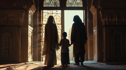 Muslim family view mosque. muslim family eid greetings back view, Jumma Mubarak