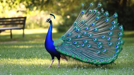 A peacock with its feathers spread wide, standing on a grassy lawn with a wooden bench in the background.