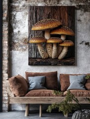 Close Up Lay Down Brown Shimeji Mushroom on Wooden Log Poster design, realistic, HD, copy space