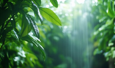 Obraz premium Lush green foliage in gentle rain.