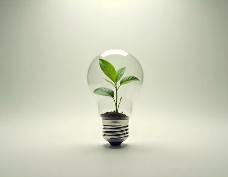 A green plant growing inside a glass light bulb, symbolizing sustainability and innovation, against a neutral background.
