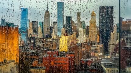 cityscape with high rise buildings seen through wet glass window