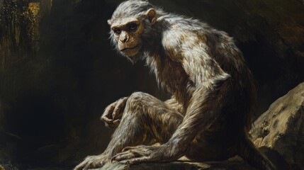 Hairy hominid primate sitting on rocks in dark cave.