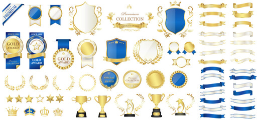 ゴールド＆ブルーのアワードエンブレムとリボンデザインセット｜背景素材やプレミアムラベル・月桂冠フレームのベクターパック