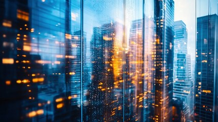 Close-up of cityscape with high rise buildings seen through wet glass window.