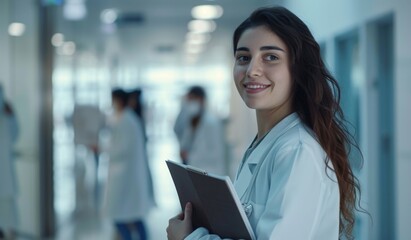 Female physician in hospital corridor writing prescription