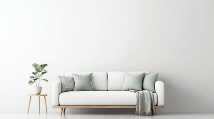 Modern living room featuring a cozy white sofa and simple decor for a serene and stylish atmosphere.