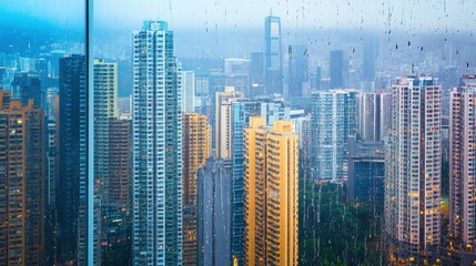 Obraz premium Close-up of cityscape with high rise buildings seen through wet glass window.