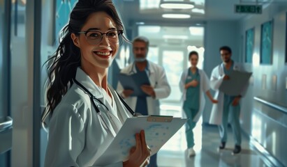 Obraz premium Female physician in hospital corridor writing prescription