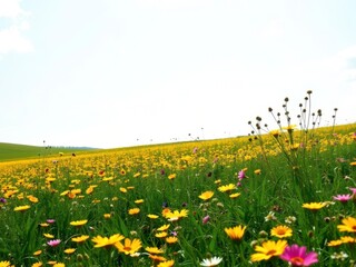 Vibrant yellow daffodil flowers blooming in a lush field, landscape, beautiful, floral