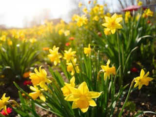 Vibrant yellow daffodil flowers blooming in a vast field under the clear blue sky, bright, botanical