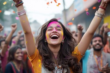 Obraz premium Happy woman celebrating a festival with hands raised in the air.