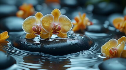 Yellow Orchids with Dewdrops on Black Stones in Serene Water Setting