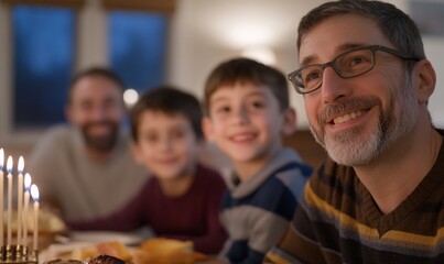 Fototapeta premium Happy family gathered around Hanukkah table, sharing a meal and celebrating a festive holiday.