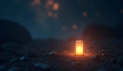 Fototapeta premium A single candlelight flickered over the rough expanse of sand, emitting a soft light that contrasted with the mysterious darkness of the night.