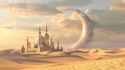 Obraz premium Lanterns stands in the desert at night sky, lantern islamic Mosque, crescent moon Ramadan Kareem themed illustration background