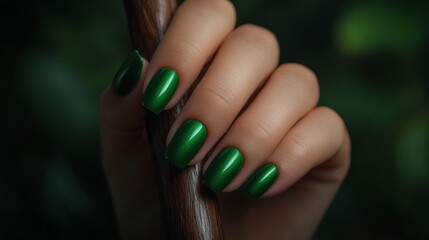 Naklejka premium Glossy Emerald Green Nails in an Enchanted Forest. Generative AI