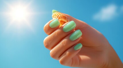 Mint Green Nails with Seashell by the Ocean. Generative AI