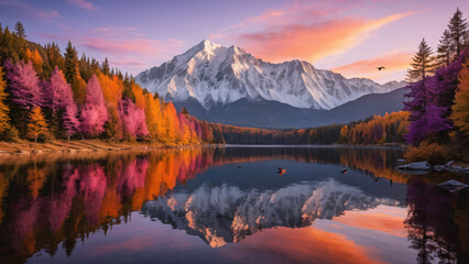 Fototapeta premium a serene mountain lake at sunset, surrounded by towering snow-capped peaks and vibrant autumn trees. The water reflects the fiery orange, pink, and purple hues of the sky