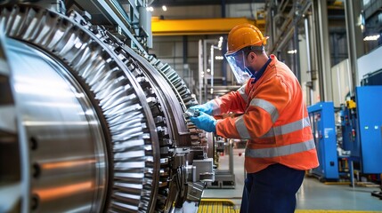 Fototapeta premium Engineer in Safety Gear Working on Industrial Equipment in Factory
