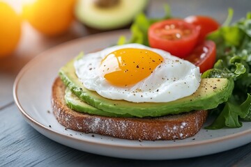 Fried egg and avocado toast with salad.