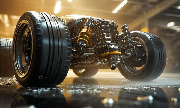 Close-up of a high-performance car's wheel and suspension system.