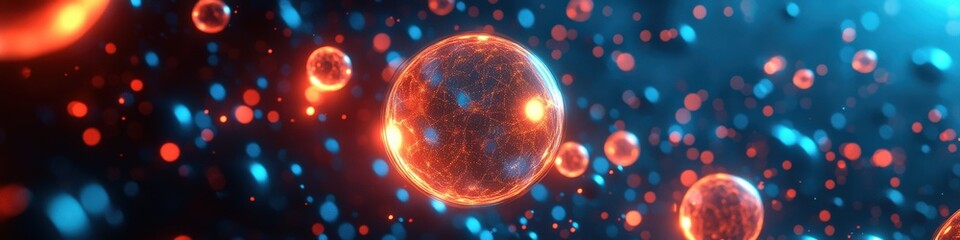 Obraz premium Stunning Visualization of Glowing Red and Blue Molecules in Abstract Space with Illuminated Spheres Highlighting Scientific and Cosmic Connections