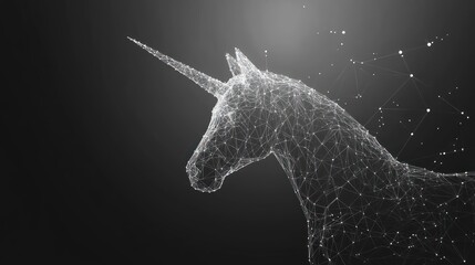 A white unicorn with a single horn, depicted in a low-poly style against a black background.