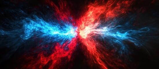 Abstract energy burst, red and blue on black, sense of high velocity 