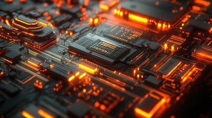 Obraz premium Close-up of glowing orange circuit board.