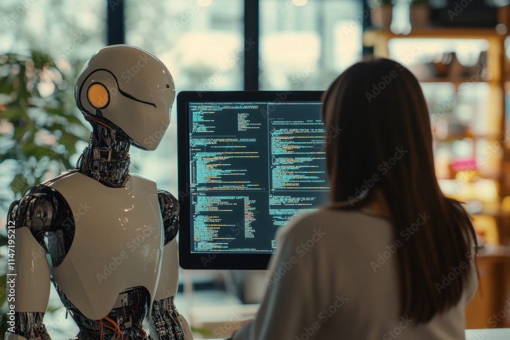 Aufkleber Collaboration between a human and AI in a modern workspace focused on coding and problem solving. Generative AI