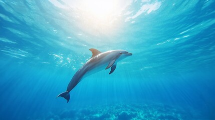 Dolphin swimming underwater, sun rays.