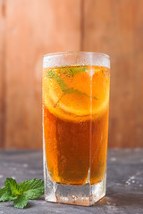 a glass of lemon tea, a refreshing drink, a drink to break the fast. Ramadan food and drink.