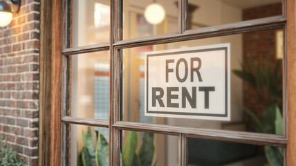 Close-up of a 'For Rent' flyer taped inside an apartment window, advertising an available rental unit. The flyer is visible against a backdrop of an office space and a brick wall through the glass