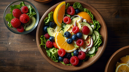 A bowl of fruit salad on a wooden table