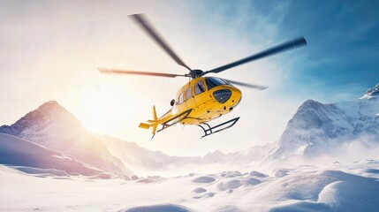 A yellow helicopter flying over snow-capped mountains with a bright sun shining in the background.