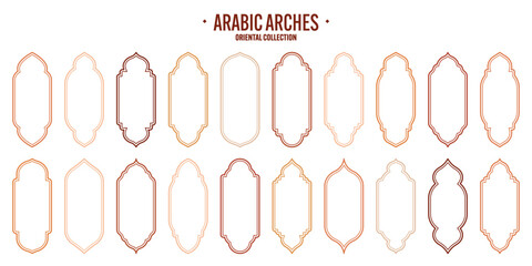 Islamic frames, oriental style objects. Arabic shapes, windows and arches. Traditional ornamental banner, frame. Muslim holidays, Ramadan Kareem. Modern eastern architecture. Vector illustration